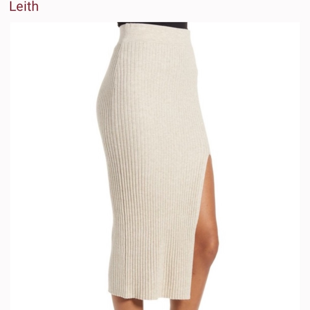 Leith Beige Oatmeal Heather Ribbed Slit Knit Skirt